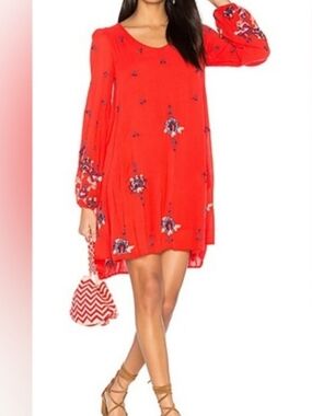 Free People Red Floral Embroidered Long Sleeve Shift Dress